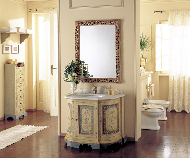 Hand Painted Bath Vanities Amorgos Base Cabinet In Hand Decorated Wood Decoration Wall Mirror Carved Vanity Top Pearl White Marble Seven Drawers
